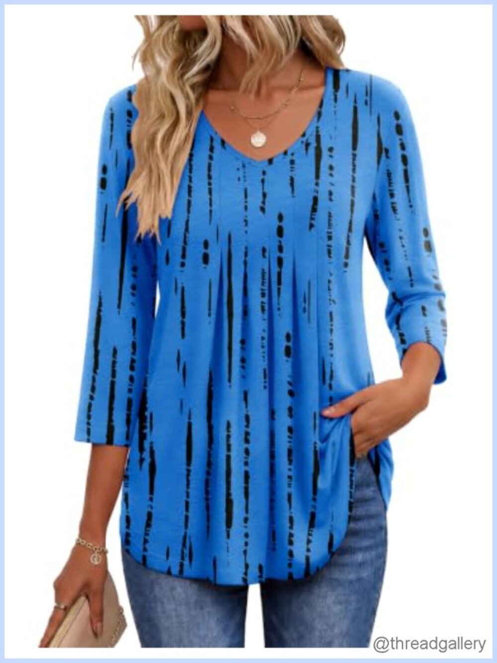 Ekouaer Womens 3/4 Sleeve V Neck Pleated Blouse Casual Tunic Top